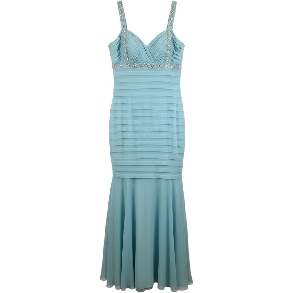 Betsy & Adam Light Blue Rhinestone Pleated Mermaid Gown Cowl Back 10P